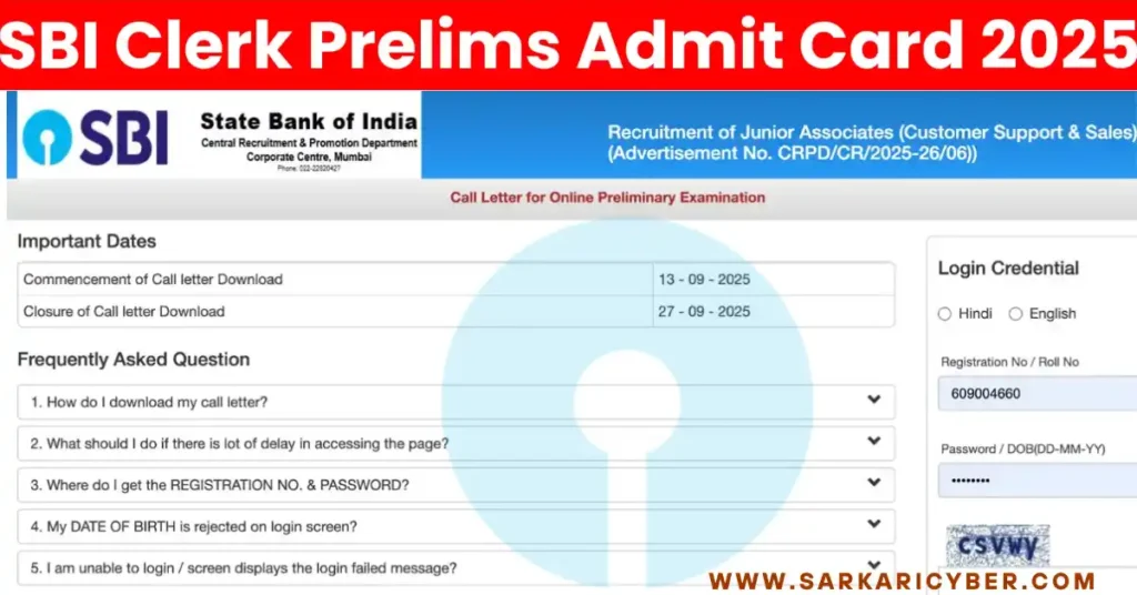 SBI Clerk Pre Admit Card 2025