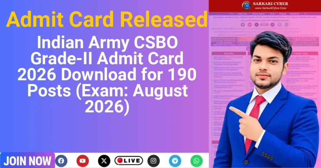 Indian Army CSBO Grade-II Admit Card 2026 Download for 190 Posts (Exam: August 2026)