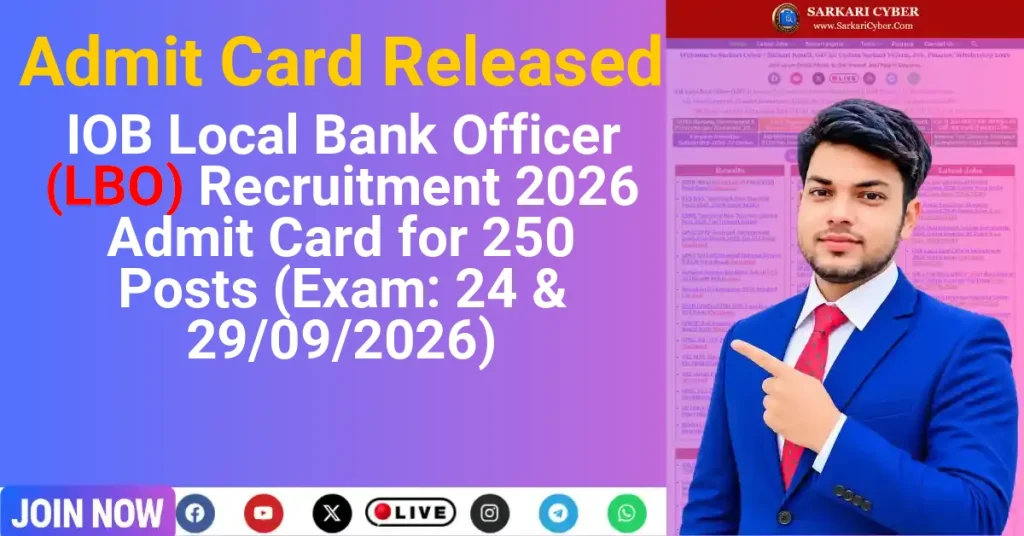 IOB Local Bank Officer (LBO) Recruitment 2026 Admit Card for 250 Posts (Exam: 24 & 29/09/2026)